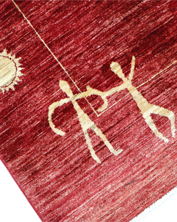 Tappeto moderno 232x180 cm con fondo bordeaux e decorazioni stilizzate di cavalli e figure, annodato a mano in lana e cotone, provenienza Persia.