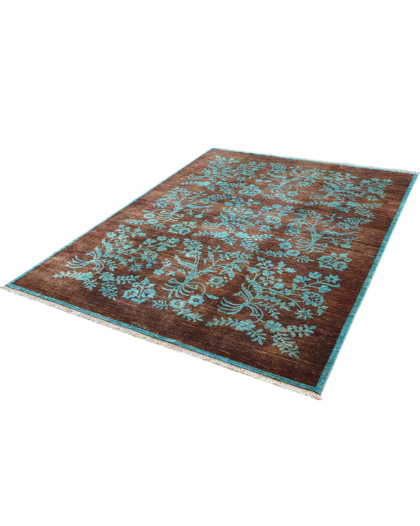 Tappeto moderno 242x180 cm Persia con fondo marrone e motivi floreali turchesi, annodato a mano in lana e cotone.