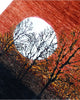 Tappeto moderno 237x180 cm Persia con design tramonto e alberi stilizzati, fondo rosso e arancio sfumato, annodato a mano in lana e cotone.