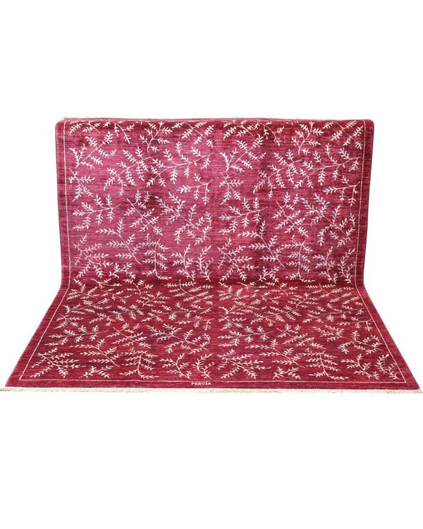 Tappeto moderno 225x178 cm Persia con fondo bordeaux e motivi floreali in avorio, annodato a mano in lana e cotone.