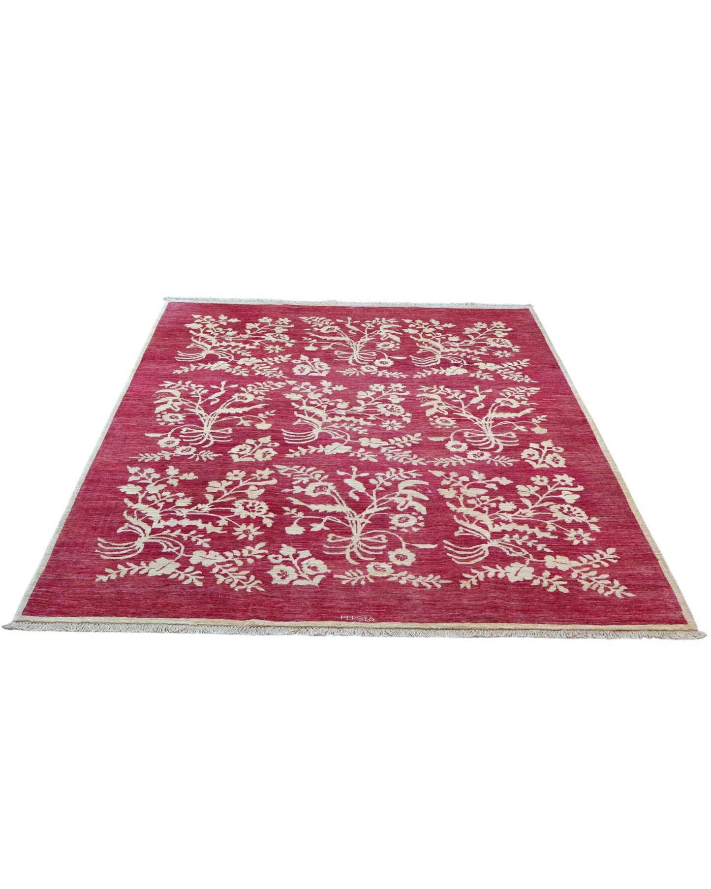 Tappeto moderno 225x178 cm Persia con fondo bordeaux e motivi floreali in avorio, annodato a mano in lana e cotone.