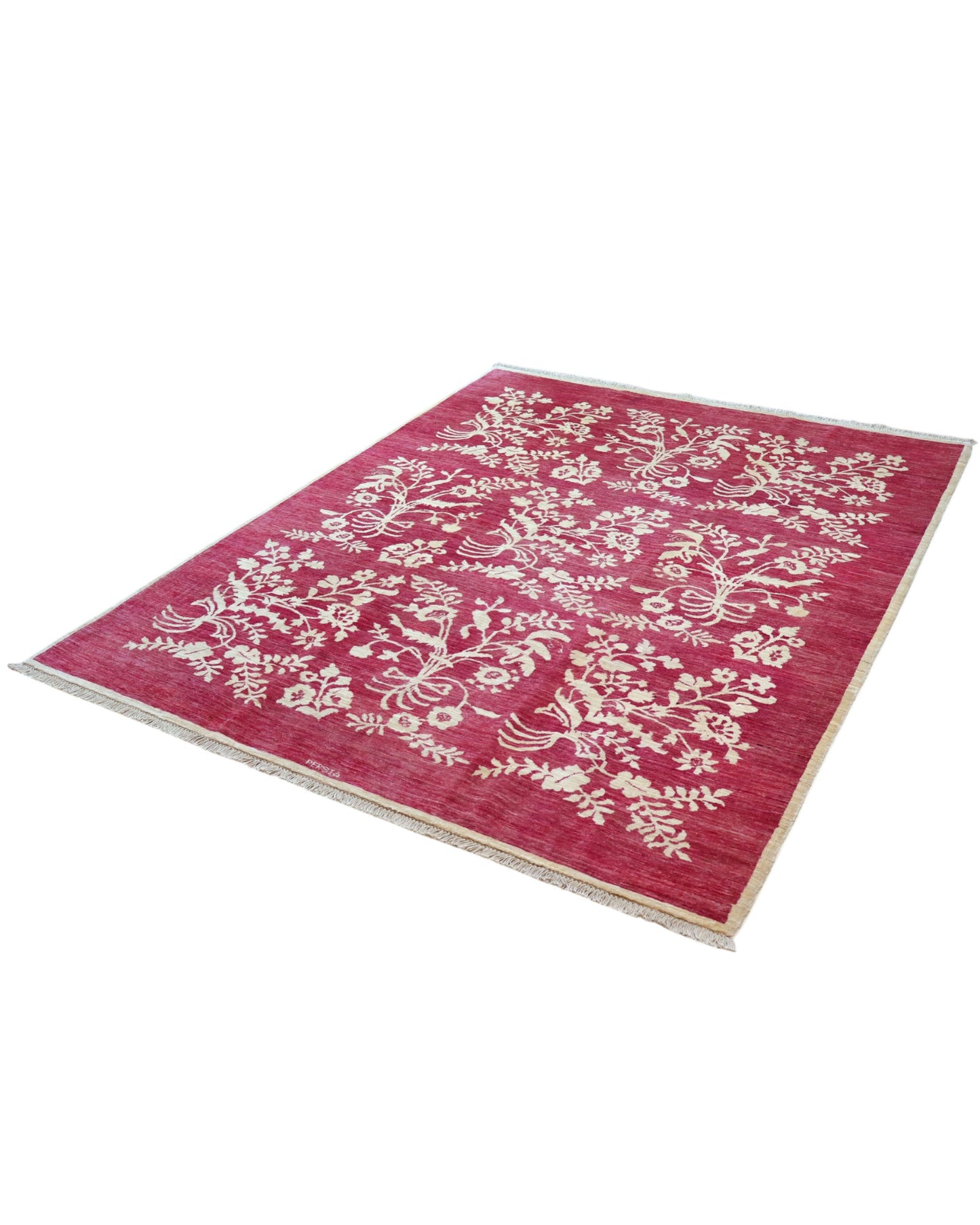 Tappeto moderno 225x178 cm Persia con fondo bordeaux e motivi floreali in avorio, annodato a mano in lana e cotone.