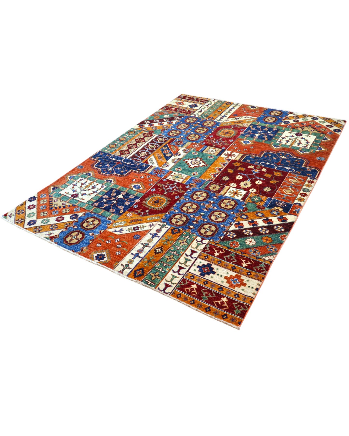 Tappeto moderno 241x173 cm Afghanistan, patchwork multicolore con motivi geometrici, tramato ed annodato a mano.