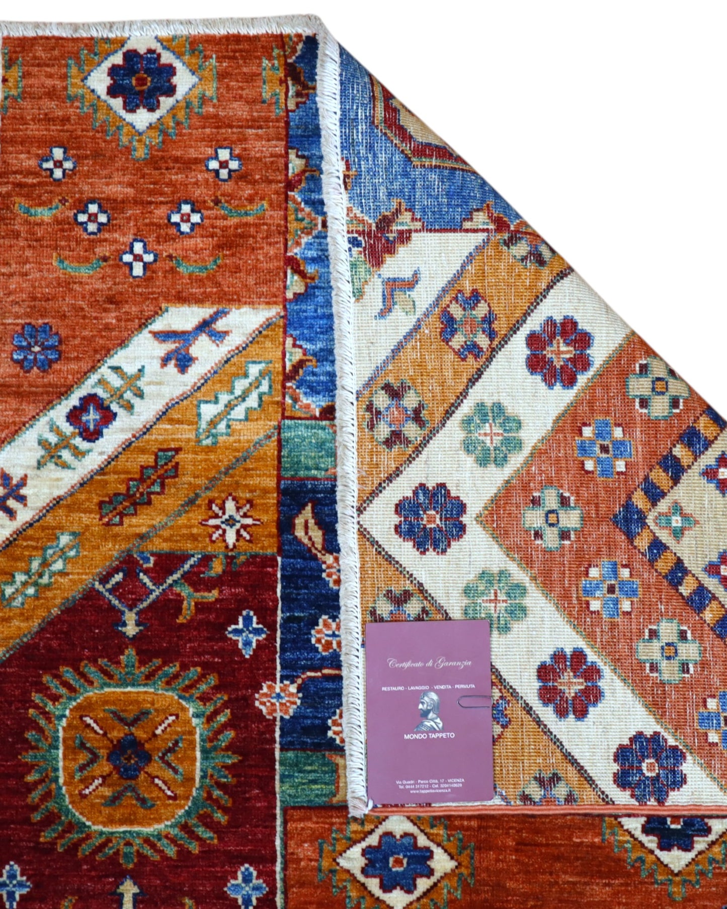 Tappeto moderno 241x173 cm Afghanistan, patchwork multicolore con motivi geometrici, tramato ed annodato a mano.