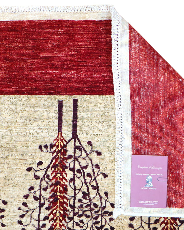 Tappeto moderno 214x145 cm Persia con fondo avorio, alberi stilizzati in sequenza e bordo bordeaux, tramato ed annodato a mano.