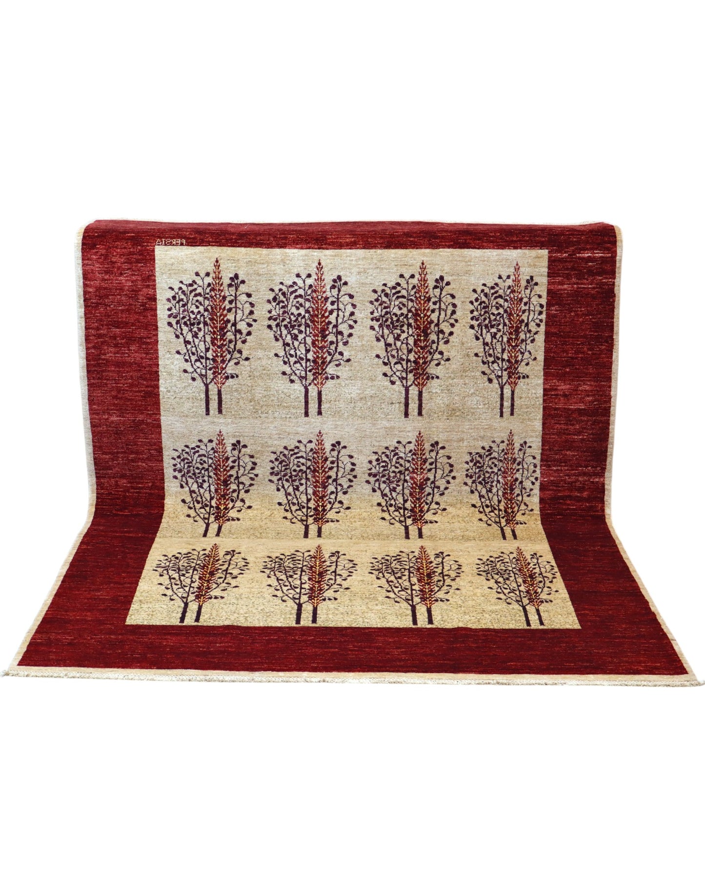 Tappeto moderno 214x145 cm Persia con fondo avorio, alberi stilizzati in sequenza e bordo bordeaux, tramato ed annodato a mano.