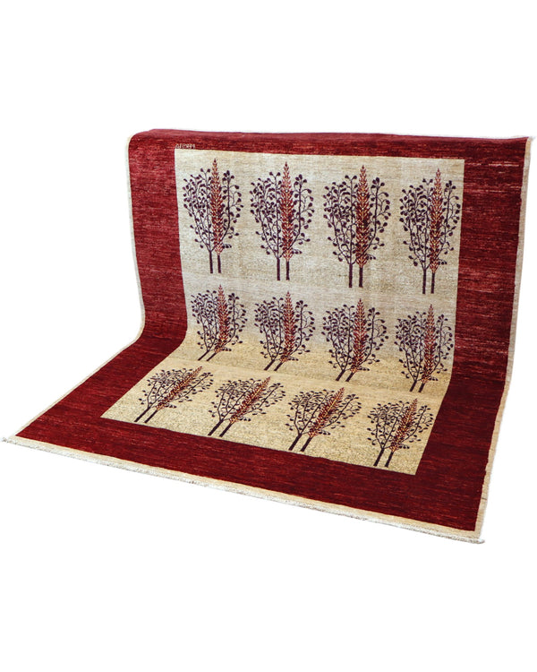 Tappeto moderno 214x145 cm Persia con fondo avorio, alberi stilizzati in sequenza e bordo bordeaux, tramato ed annodato a mano.