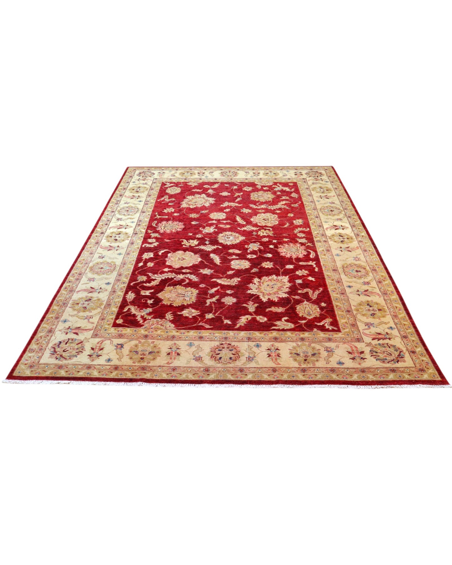 Tappeto Ziegler 302x211 cm con fondo bordeaux, motivi floreali avorio e dettagli oro, tramato ed annodato a mano, provenienza Afghanistan.