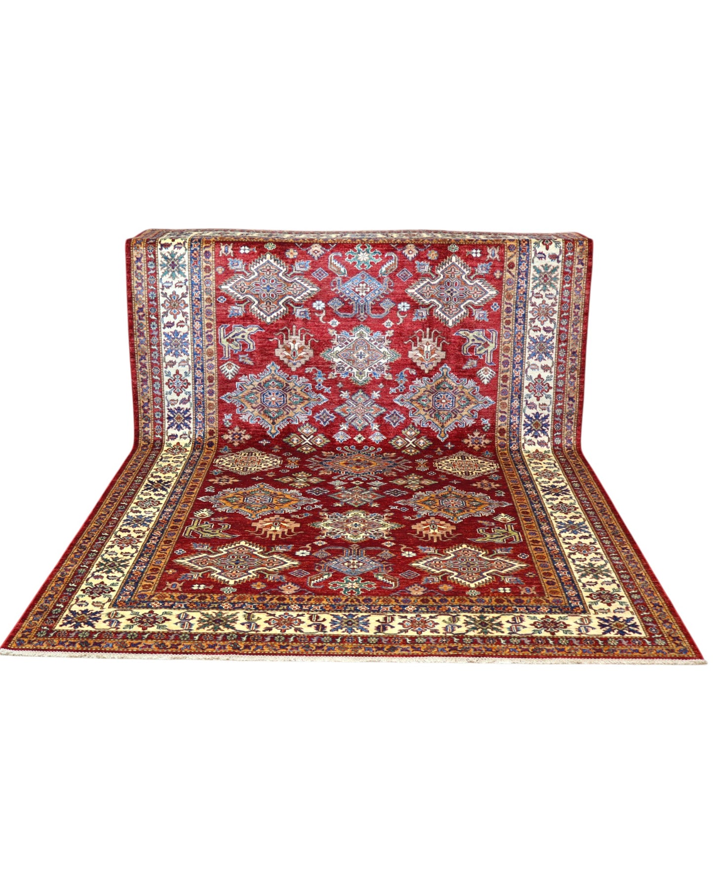 Tappeto Shirvan 295x207 cm con fondo bordeaux, motivi geometrici e floreali in avorio, blu e giallo, tramato ed annodato a mano, provenienza Caucaso.