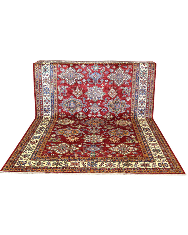 Tappeto Shirvan 295x207 cm con fondo bordeaux, motivi geometrici e floreali in avorio, blu e giallo, tramato ed annodato a mano, provenienza Caucaso.