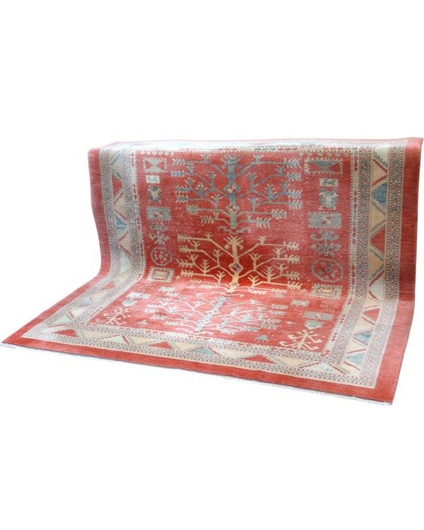 Tappeto Ziegler 248x230 cm con fondo rosso, Albero della Vita e bordure geometriche azzurre e avorio, tramato ed annodato a mano, provenienza Afghanistan.