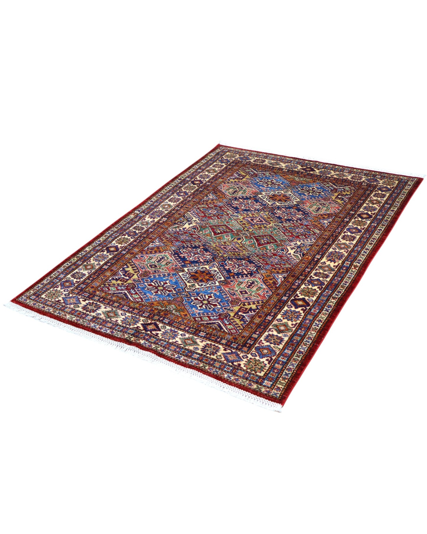 Tappeto Kazak 176x131 cm con motivi geometrici caucasici, colori blu, avorio e rosso, tramato ed annodato a mano.
