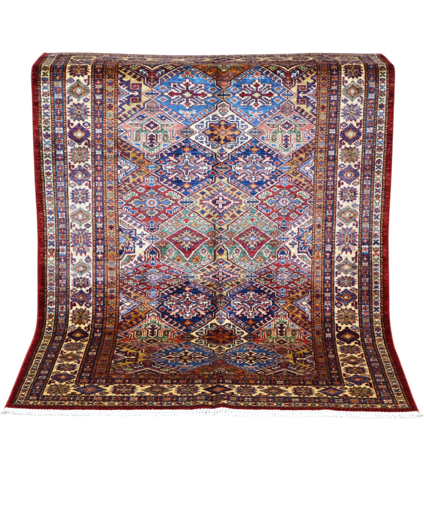 Tappeto Kazak 176x131 cm con motivi geometrici caucasici, colori blu, avorio e rosso, tramato ed annodato a mano.