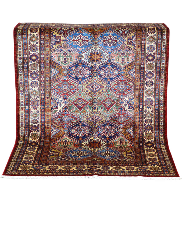 Tappeto Kazak 176x131 cm con motivi geometrici caucasici, colori blu, avorio e rosso, tramato ed annodato a mano.