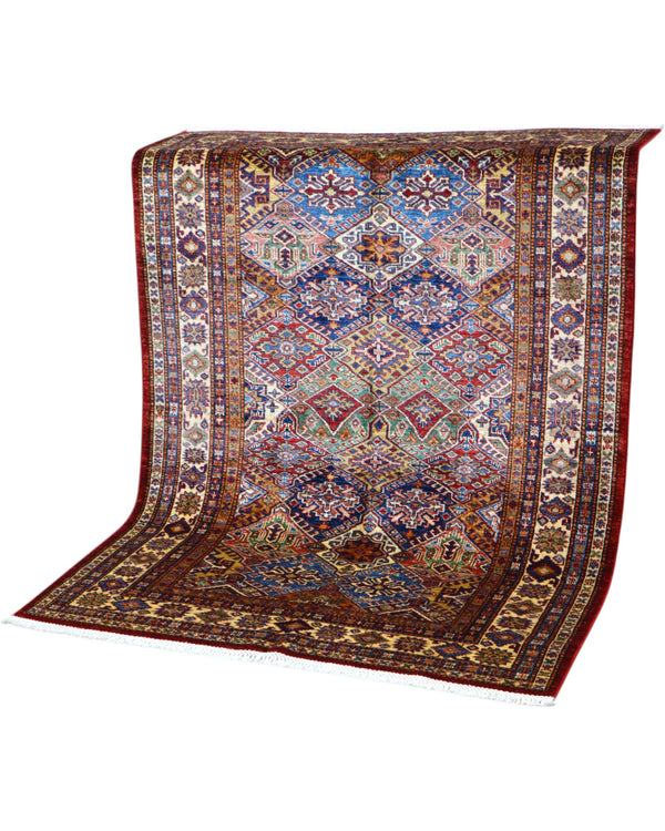 Tappeto Kazak 176x131 cm con motivi geometrici caucasici, colori blu, avorio e rosso, tramato ed annodato a mano.