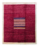 Tappeto moderno "Vibrazioni Cromatiche" 250x208 cm con campo bordeaux e righe verticali multicolori, annodato a mano con vello in lana e cotone resistente.