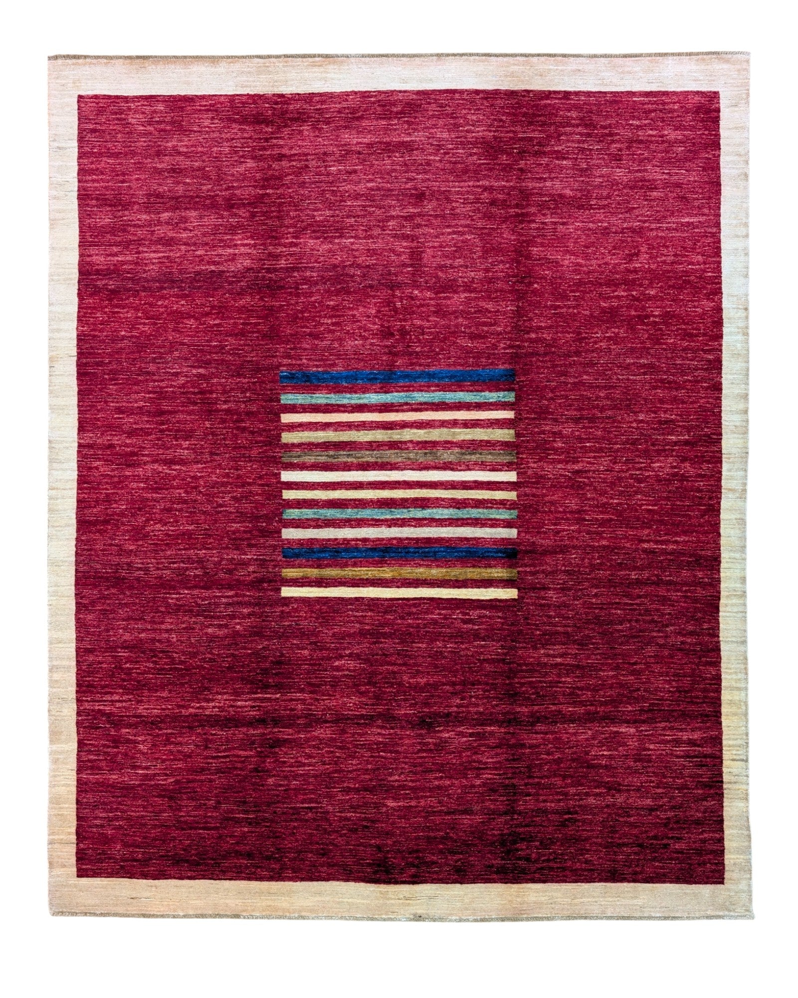 Tappeto moderno "Vibrazioni Cromatiche" 250x208 cm con campo bordeaux e righe verticali multicolori, annodato a mano con vello in lana e cotone resistente.