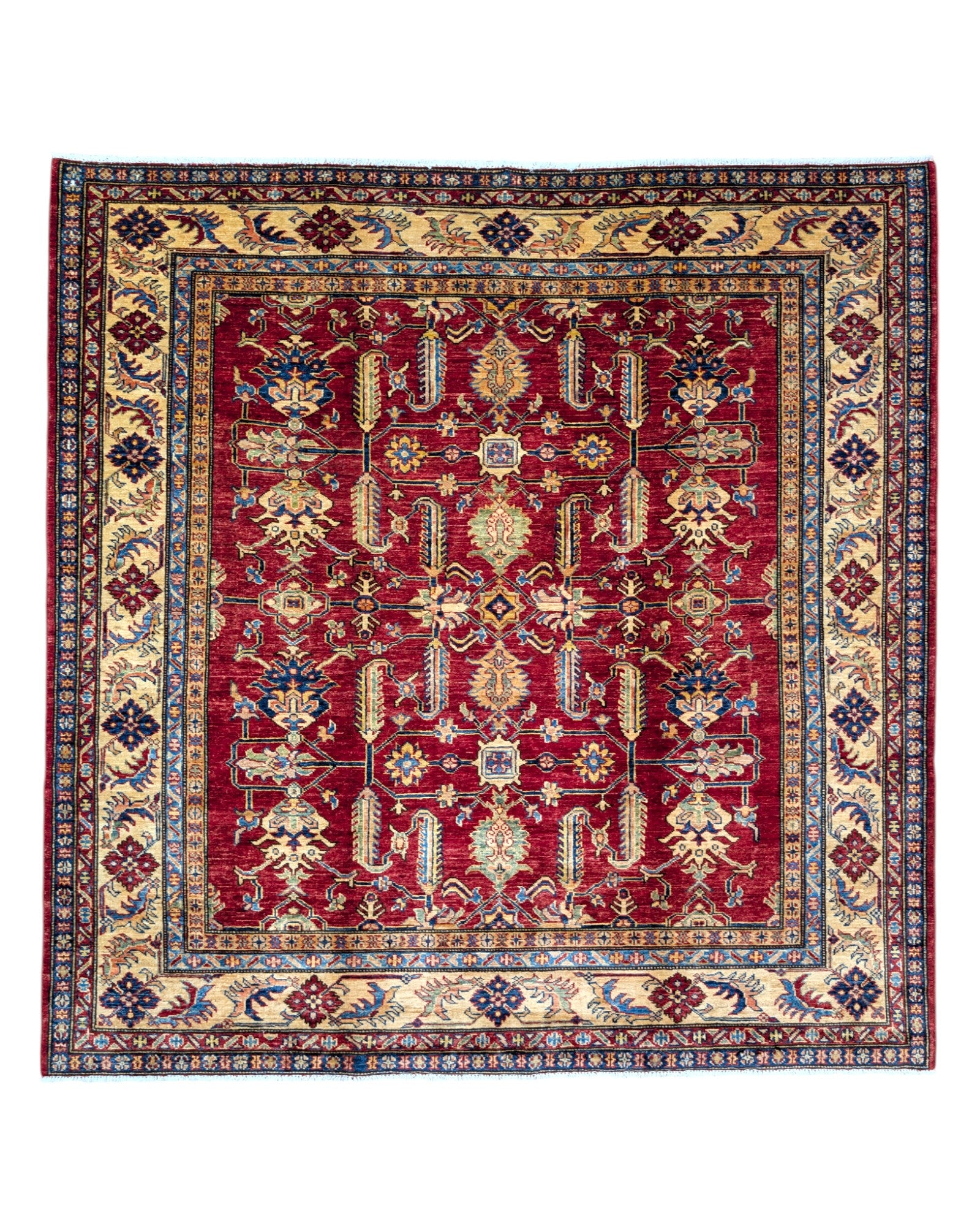 Tappeto Shirvan annodato a mano, motivi geometrici e floreali stilizzati, colori intensi di rosso, blu, beige e verde. Provenienza Afghanistan, certificato di autenticità incluso.