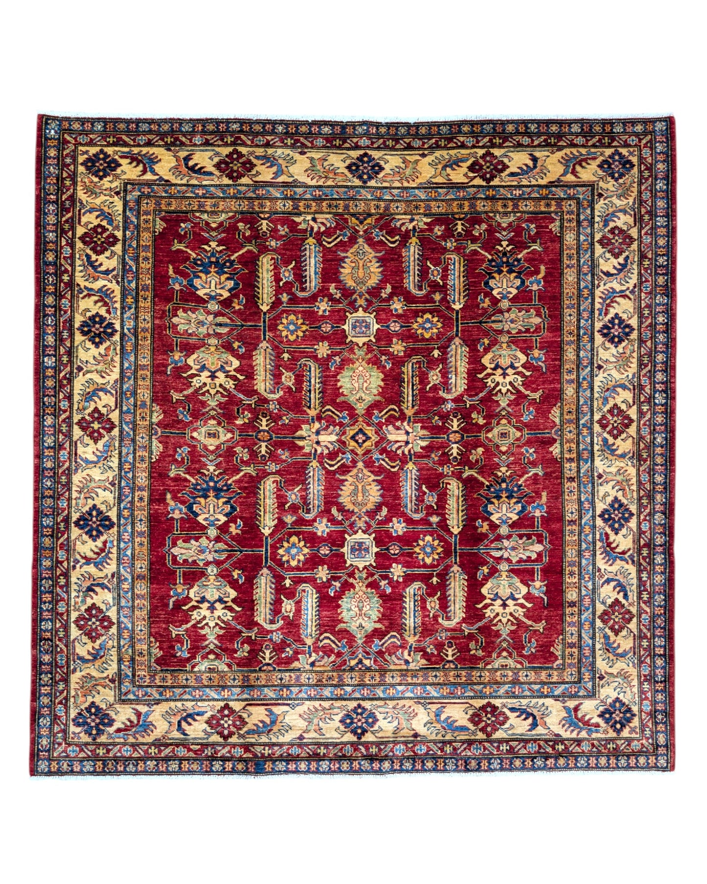 Tappeto Shirvan annodato a mano, motivi geometrici e floreali stilizzati, colori intensi di rosso, blu, beige e verde. Provenienza Afghanistan, certificato di autenticità incluso.