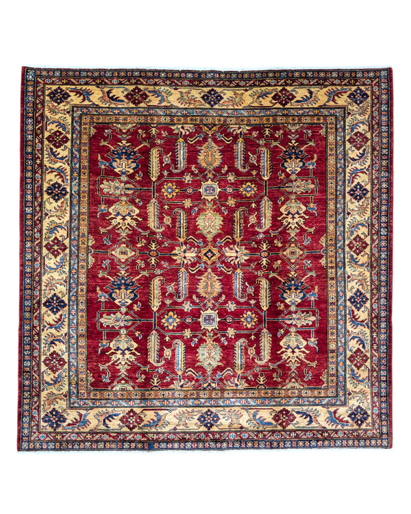 Tappeto Shirvan annodato a mano, motivi geometrici e floreali stilizzati, colori intensi di rosso, blu, beige e verde. Provenienza Afghanistan, certificato di autenticità incluso.