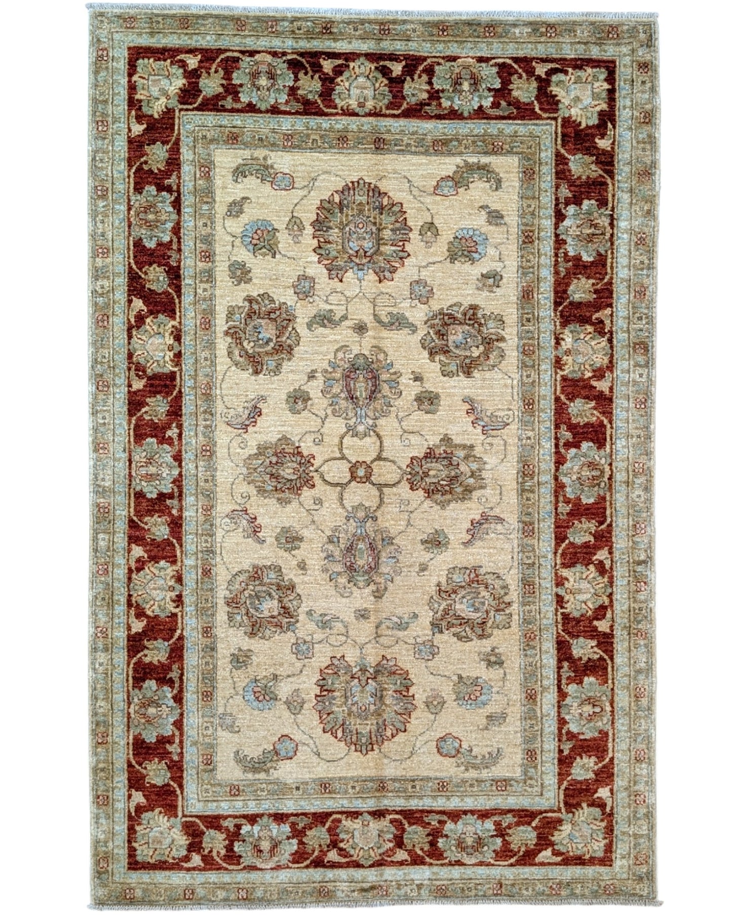 Tappeto Farahan beige con cornice rossa, annodato a mano in Afghanistan in lana e cotone con colori vegetali naturali e motivo floreale elegante.