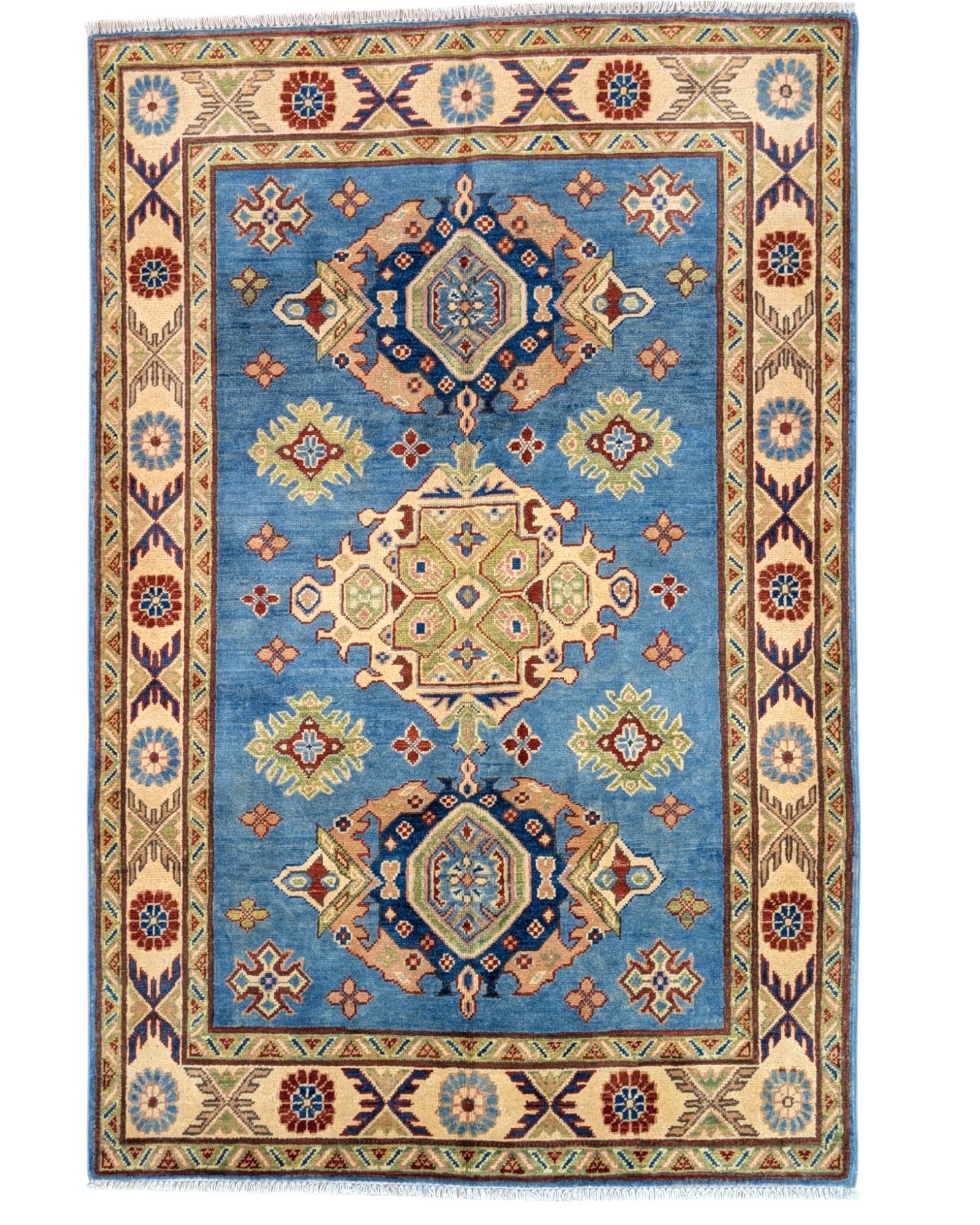 Tappeto Kazak celeste con cornice beige e motivi geometrici, annodato a mano in Afghanistan in lana e cotone con colori vegetali.