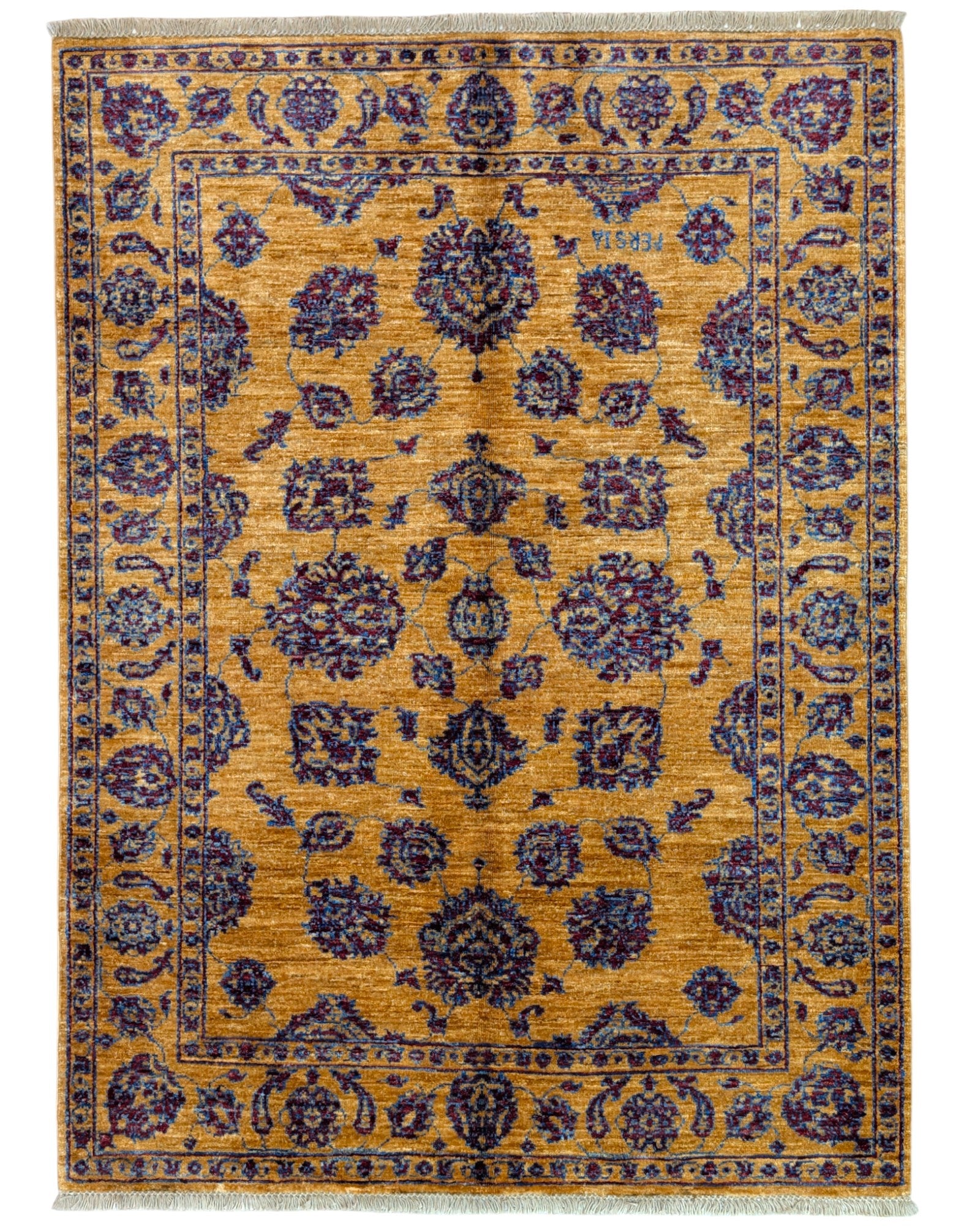 Tappeto Farahan Ziegler oro e blu notte, annodato a mano in Afghanistan. Realizzato in lana e cotone con colori vegetali, unisce eleganza floreale e tradizione artigianale.