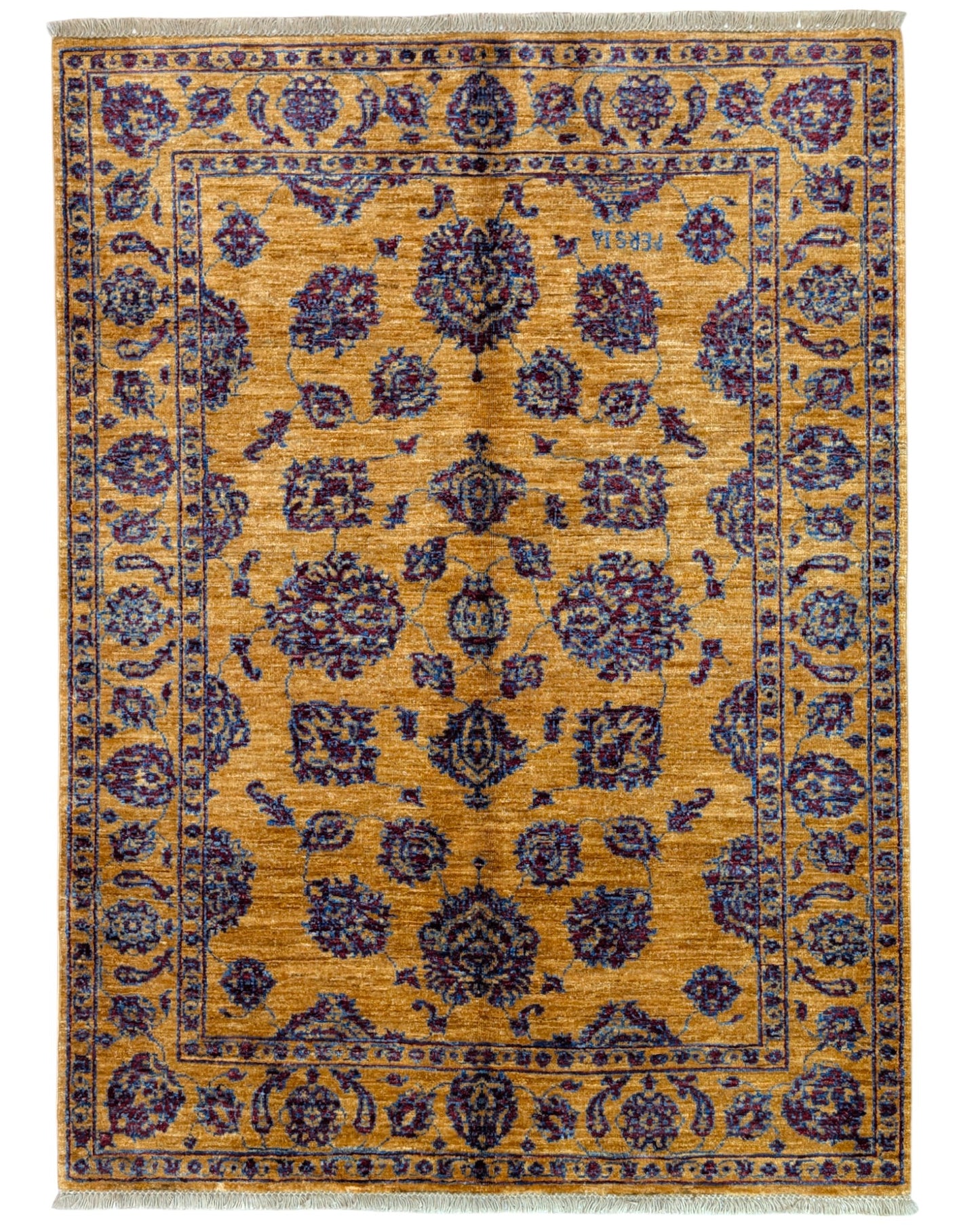Tappeto Farahan Ziegler oro e blu notte, annodato a mano in Afghanistan. Realizzato in lana e cotone con colori vegetali, unisce eleganza floreale e tradizione artigianale.