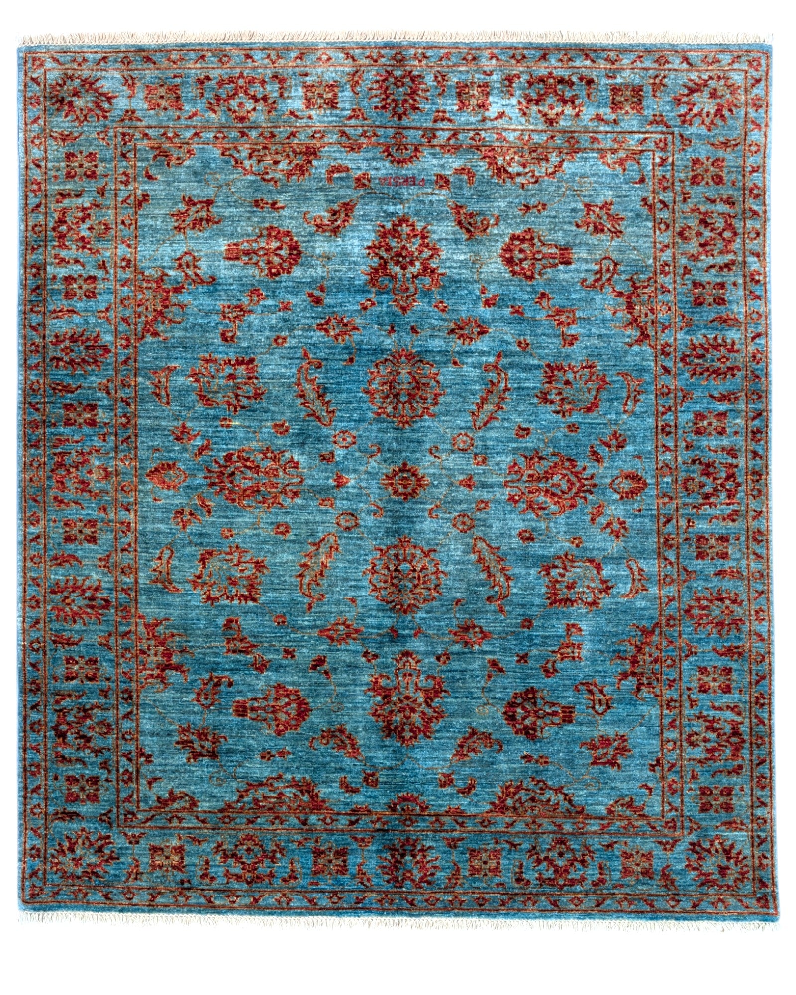 Tappeto Farahan Ziegler 180x154 cm, campo verde smeraldo con motivi rosso mattone, annodato a mano, certificato di autenticità incluso.