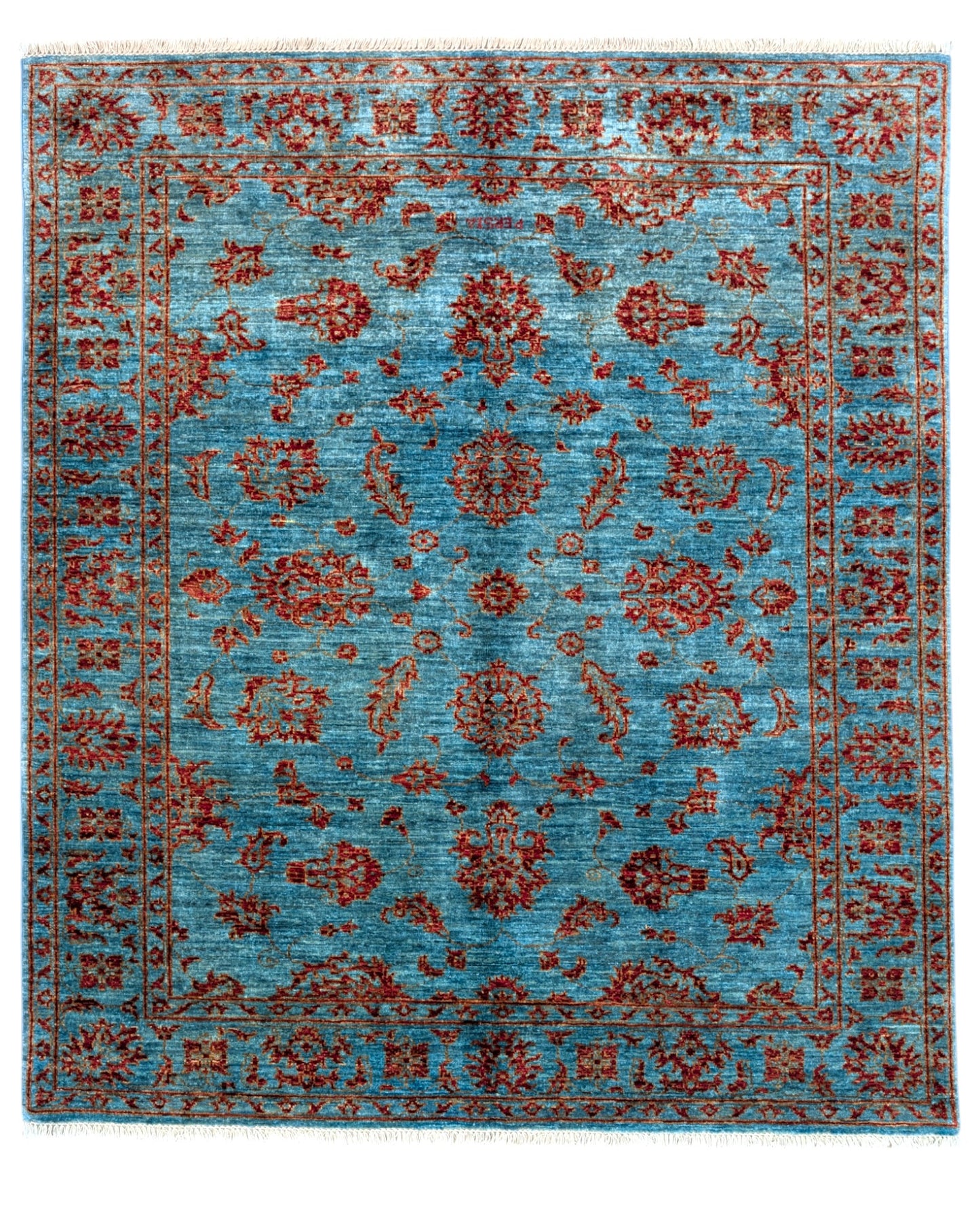 Tappeto Farahan Ziegler 180x154 cm, campo verde smeraldo con motivi rosso mattone, annodato a mano, certificato di autenticità incluso.