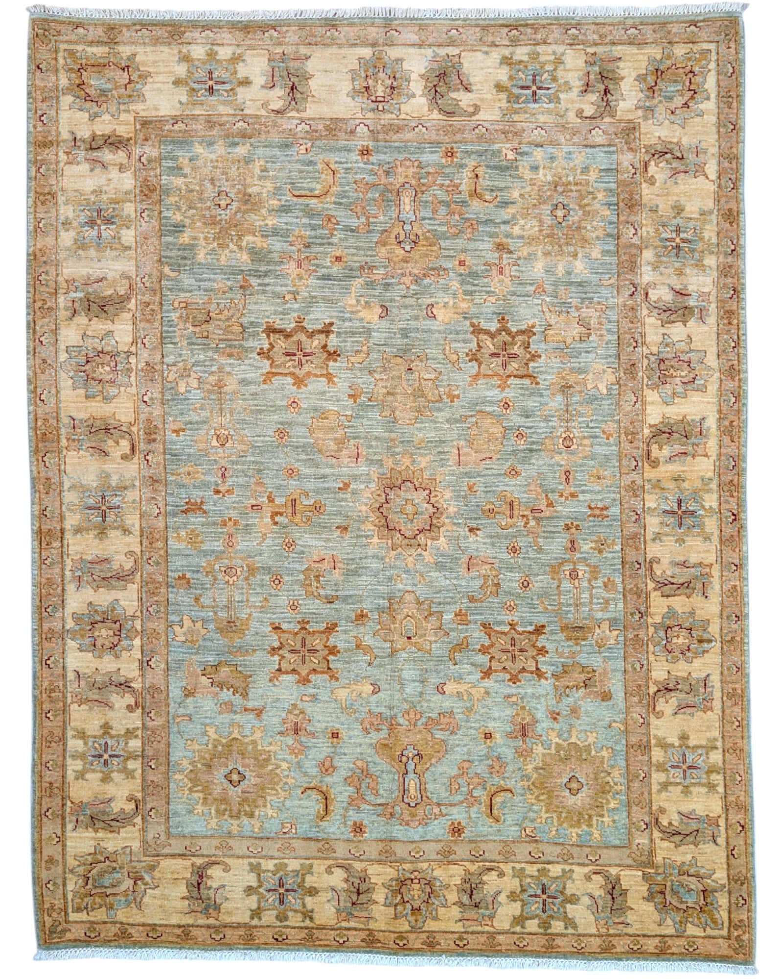 Tappeto Farahan Ziegler turchese chiaro con cornice beige e motivi floreali, annodato a mano in Afghanistan in lana e cotone con colori vegetali.