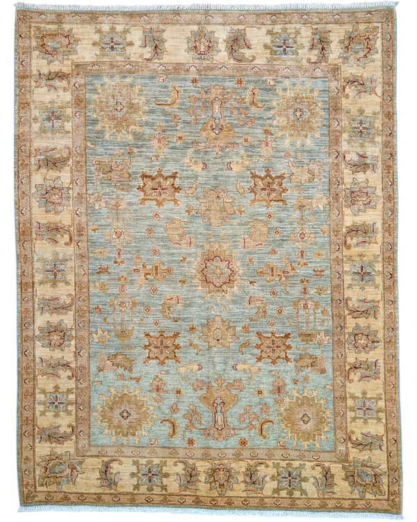 Tappeto Farahan Ziegler turchese chiaro con cornice beige e motivi floreali, annodato a mano in Afghanistan in lana e cotone con colori vegetali.