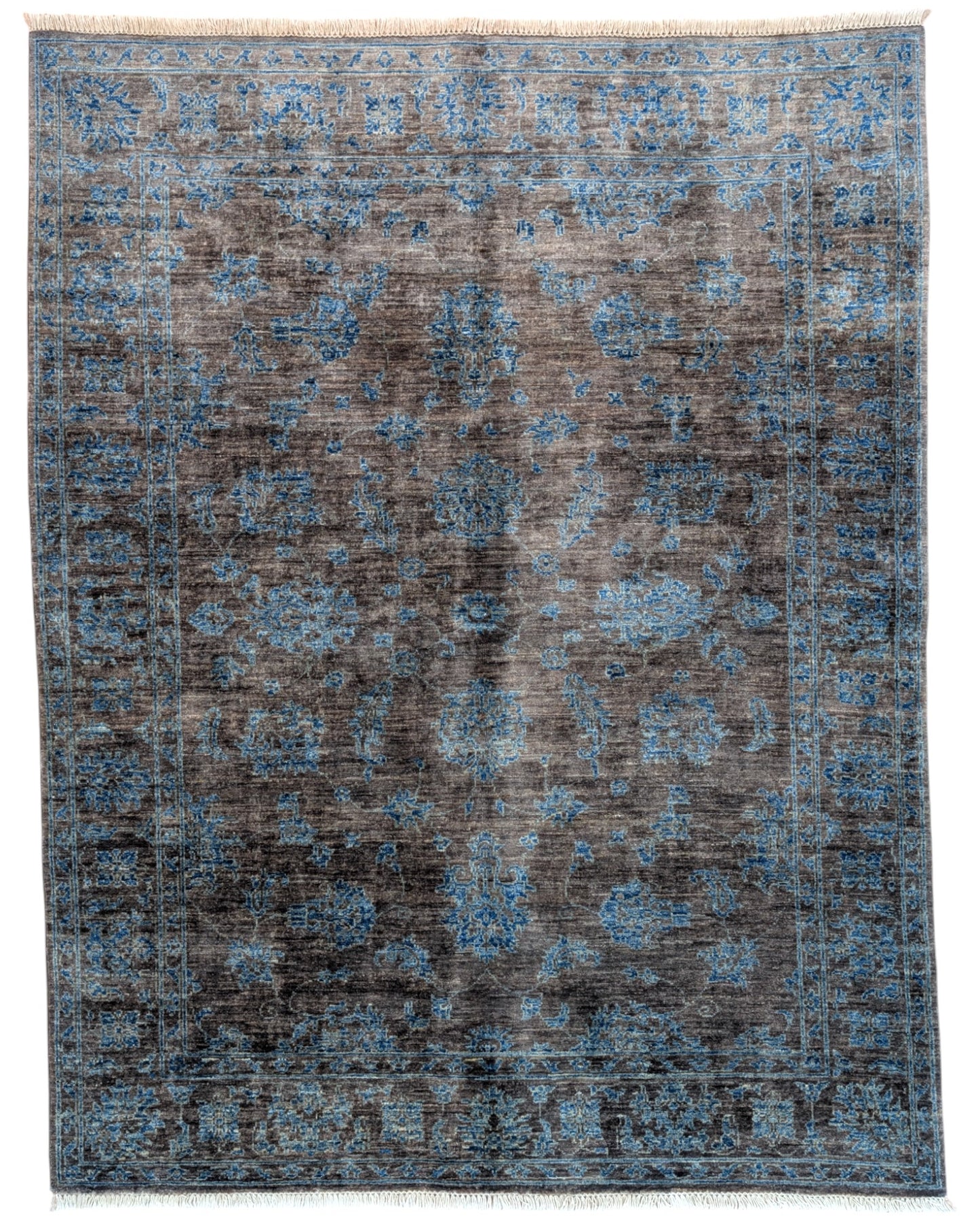 Tappeto moderno 200x180 cm, campo grigio lupo con motivi turchesi e blu, annodato a mano, certificato di autenticità incluso.