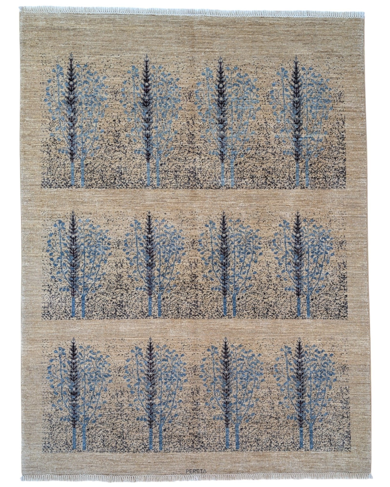 Tappeto moderno 200x151 cm con design di bosco stilizzato in celeste, grigio e beige, annodato a mano, certificato di autenticità incluso.