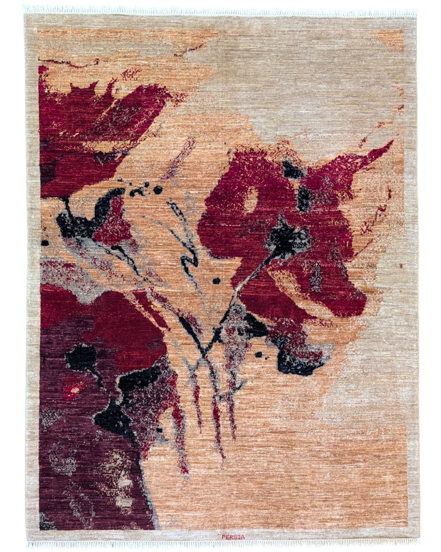 Tappeto moderno 200x151 cm, design "Papavero nel Vento" in rosso, beige e nero, annodato a mano, certificato di autenticità incluso.