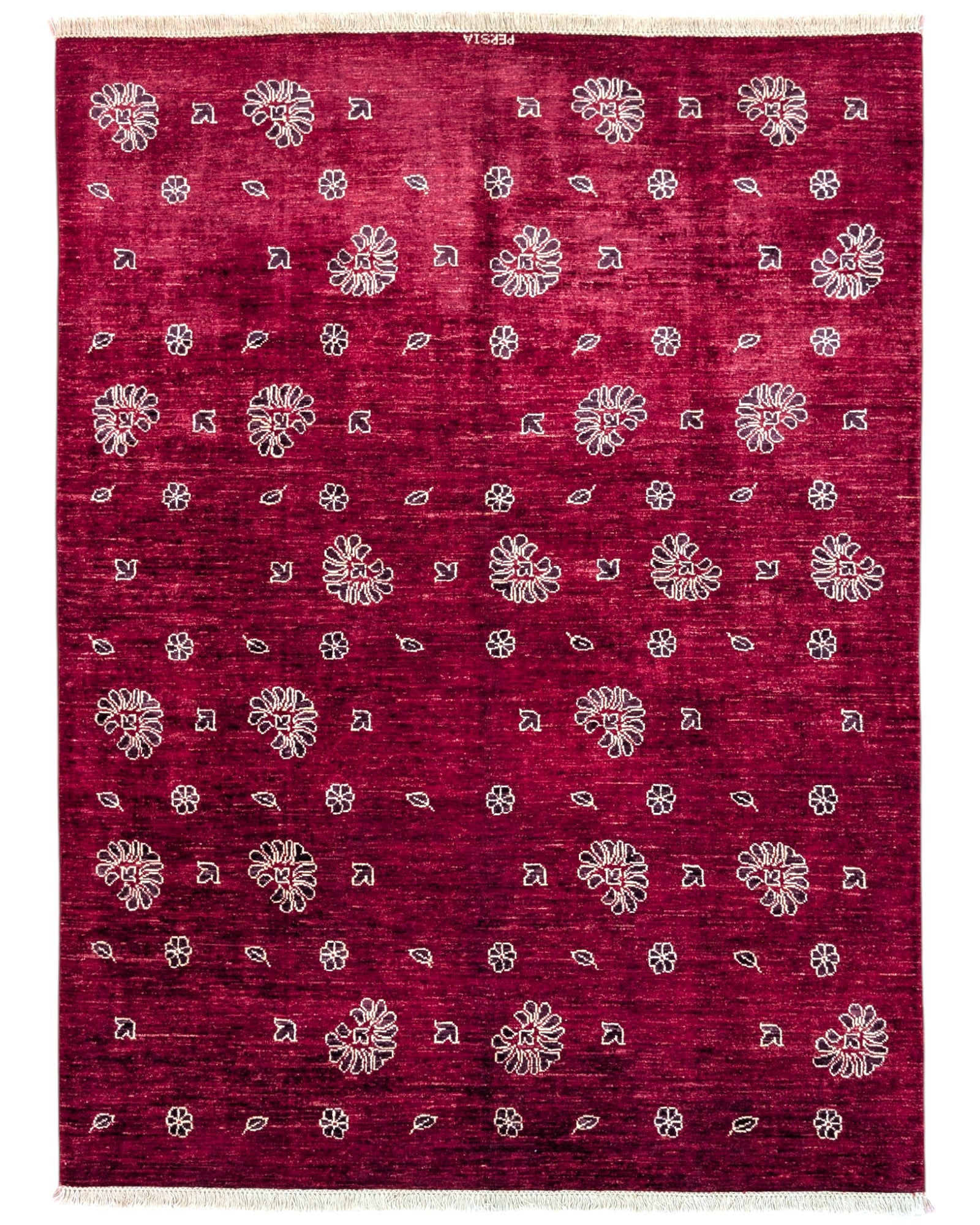 Tappeto moderno "Fiori e Foglie" con fondo rosso melograno e motivi beige di fiori e foglie stilizzati, annodato a mano in Persia.