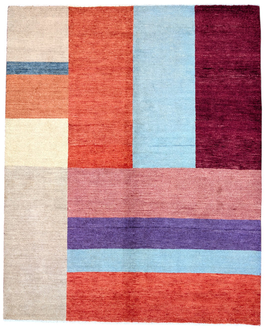 Tappeto moderno 200x150 cm, design "Color Block" con colori vivaci, annodato a mano, certificato di autenticità incluso.