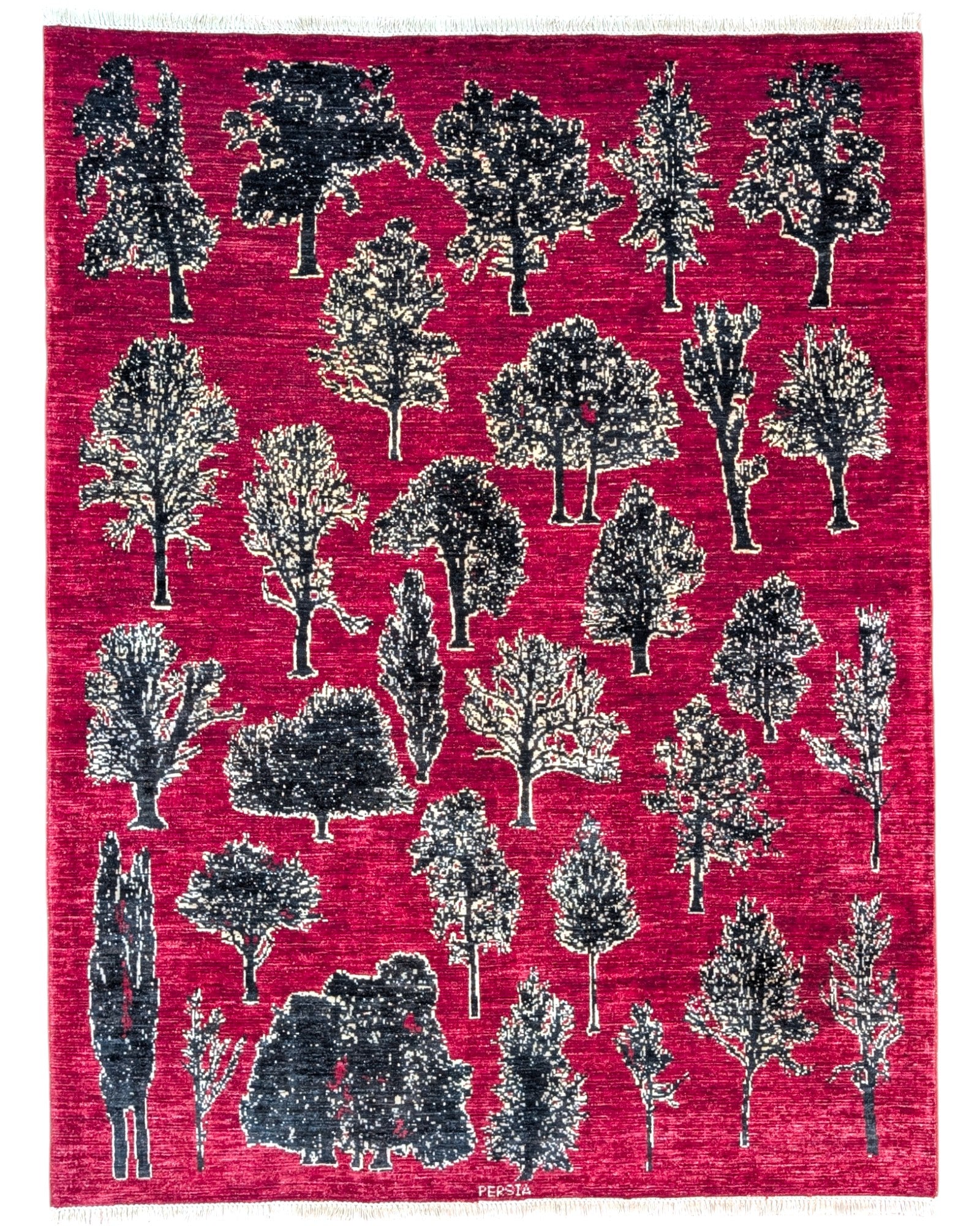 Tappeto moderno "Un'Opera d'Arte Naturale" 200x152 cm, motivi neri su campo rosso, alberi stilizzati, certificato di autenticità incluso.