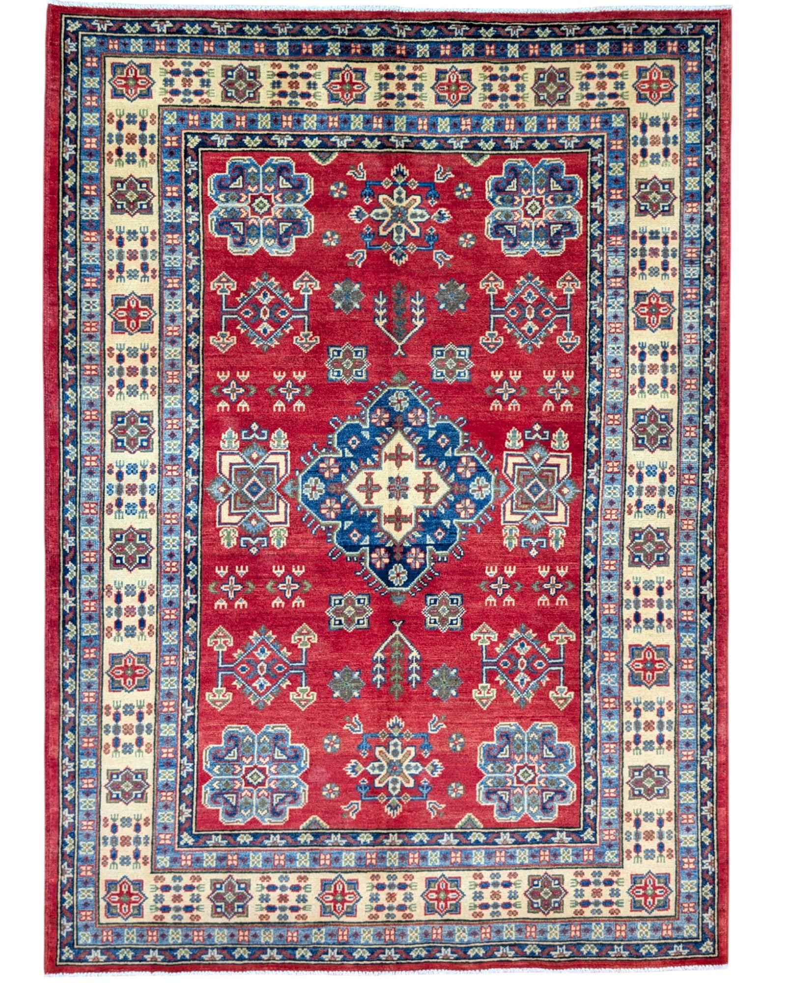 Tappeto Kazak rosso con cornice beige e motivi geometrici, annodato a mano in Afghanistan in pura lana tinta con colori vegetali.