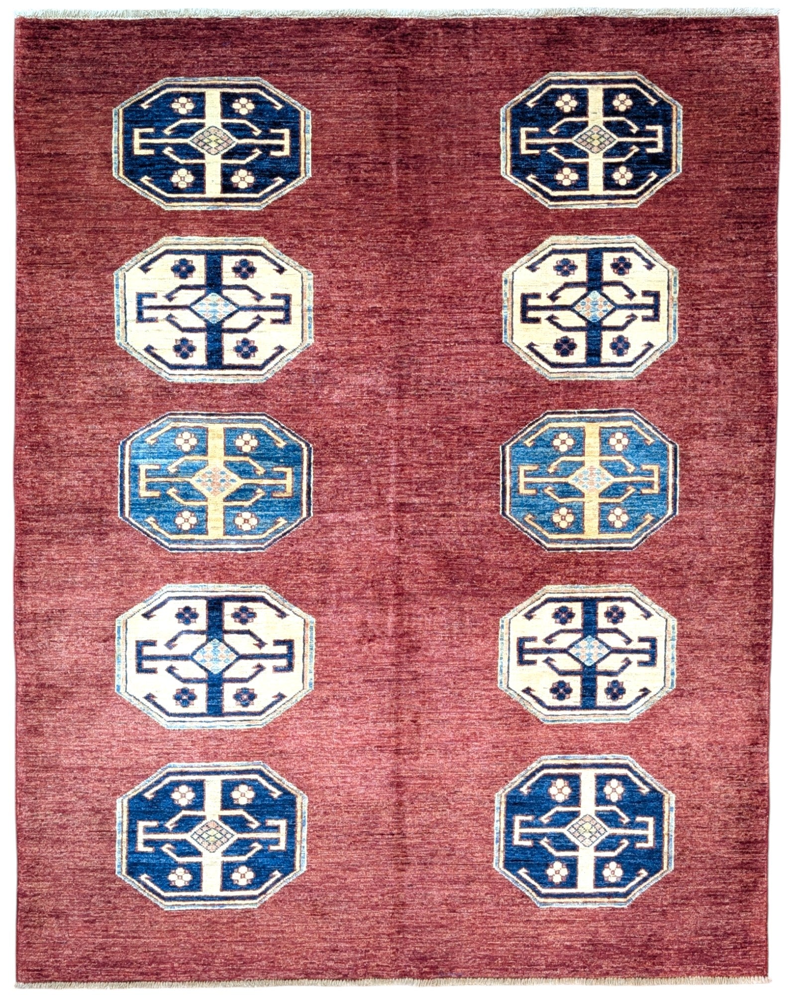 Tappeto moderno 196x155 cm, motivi geometrici ottagonali in blu, beige e nero, fondo rosso, artigianato tradizionale, certificato di autenticità incluso.