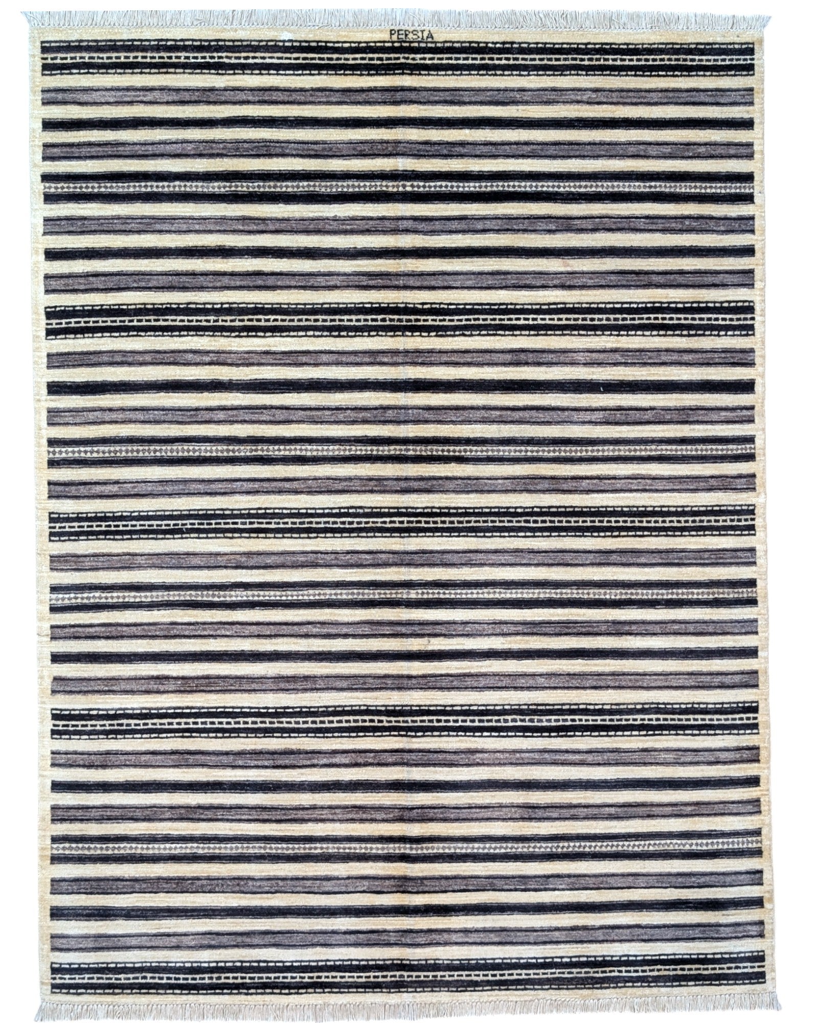 Tappeto moderno 198x150 cm, design "Strisce Nordiche" in beige, nero e grigio, artigianato tradizionale, certificato di autenticità incluso.