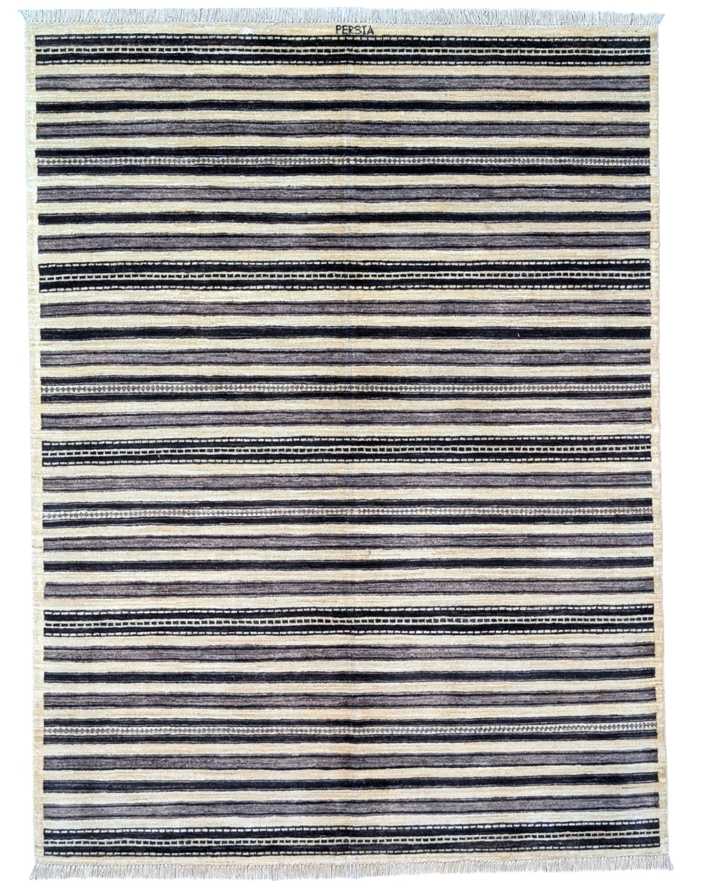 Tappeto moderno 198x150 cm, design "Strisce Nordiche" in beige, nero e grigio, artigianato tradizionale, certificato di autenticità incluso.