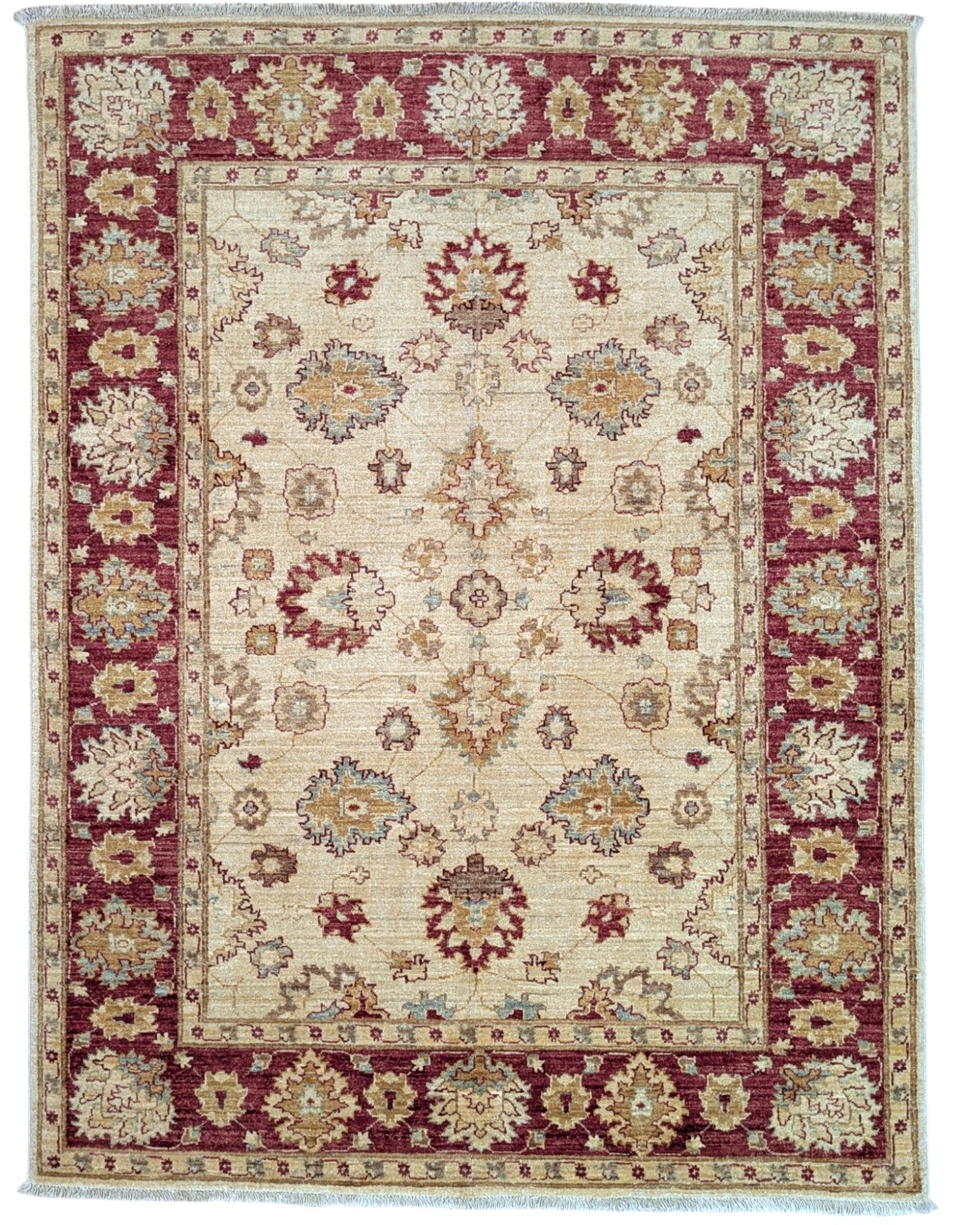 Tappeto Ziegler beige con cornice rossa e motivi floreali decorativi, annodato a mano in Afghanistan con lana e cotone tinti con colori vegetali.
