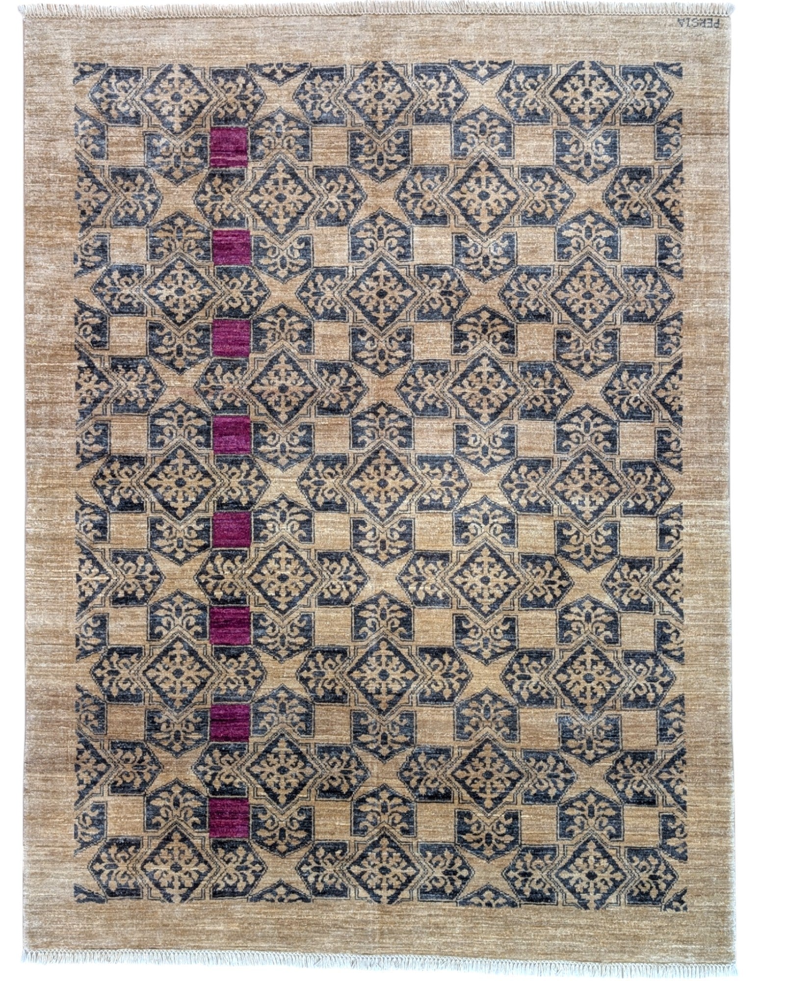 Tappeto moderno 200x150 cm, motivi geometrici e tocchi di fucsia, artigianato tradizionale, certificato di autenticità incluso.