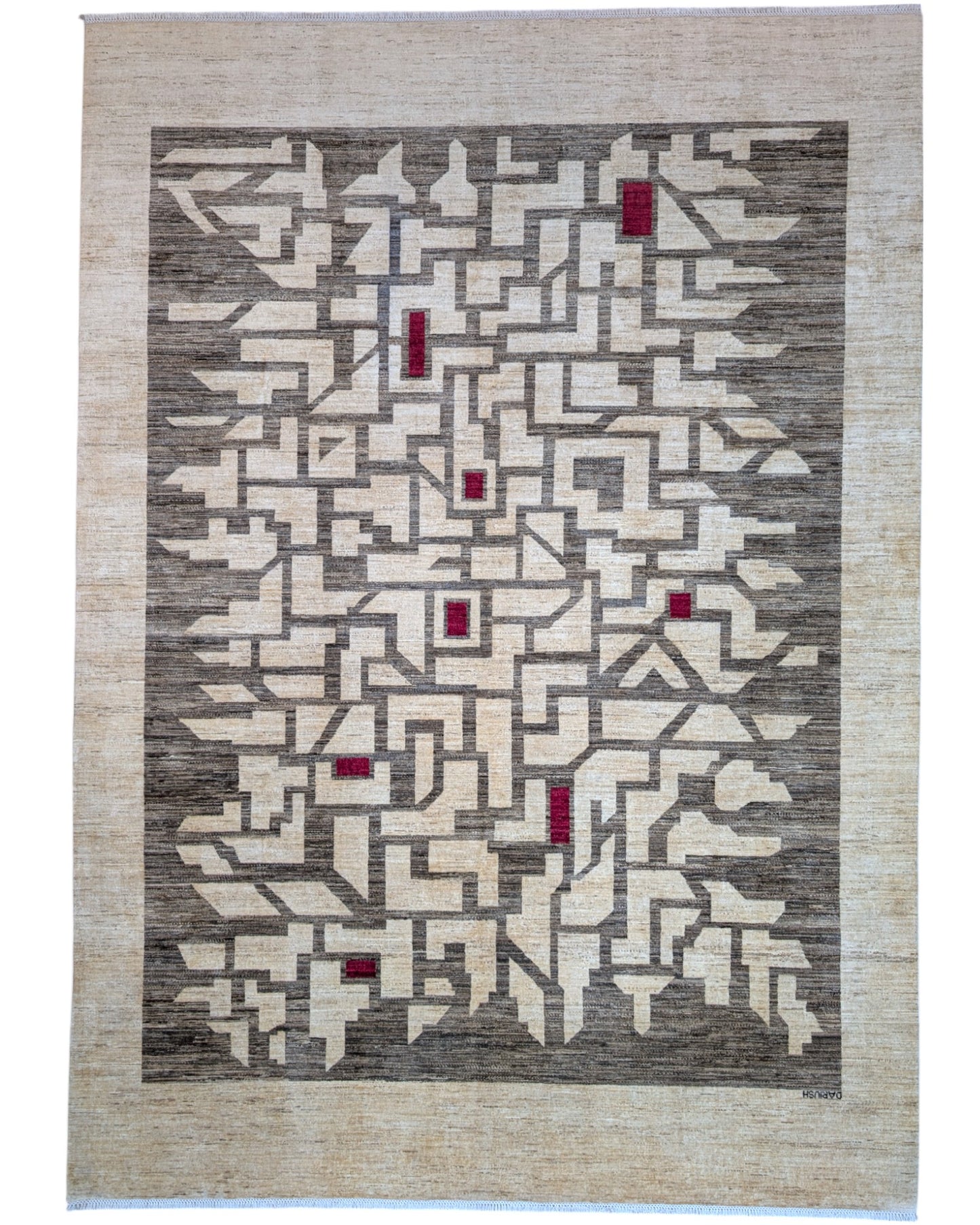 Tappeto moderno "Strada di Venezia" di Darios, 360x257 cm, annodato a mano in Persia, disegno ispirato ai bacari veneziani, cotone e lana vegetale, certificato di autenticità incluso.