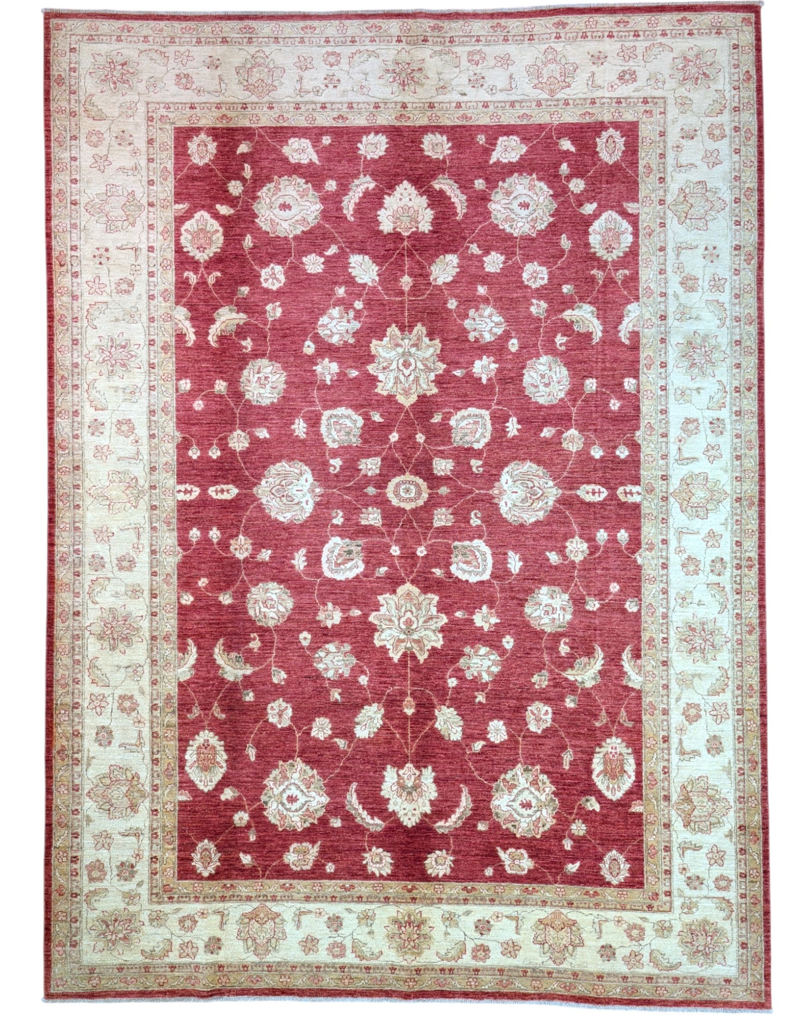 Tappeto Farahan Ziegler rosso melograno con cornice beige e motivi floreali, annodato a mano in Afghanistan con lana e cotone tinti con colori vegetali.