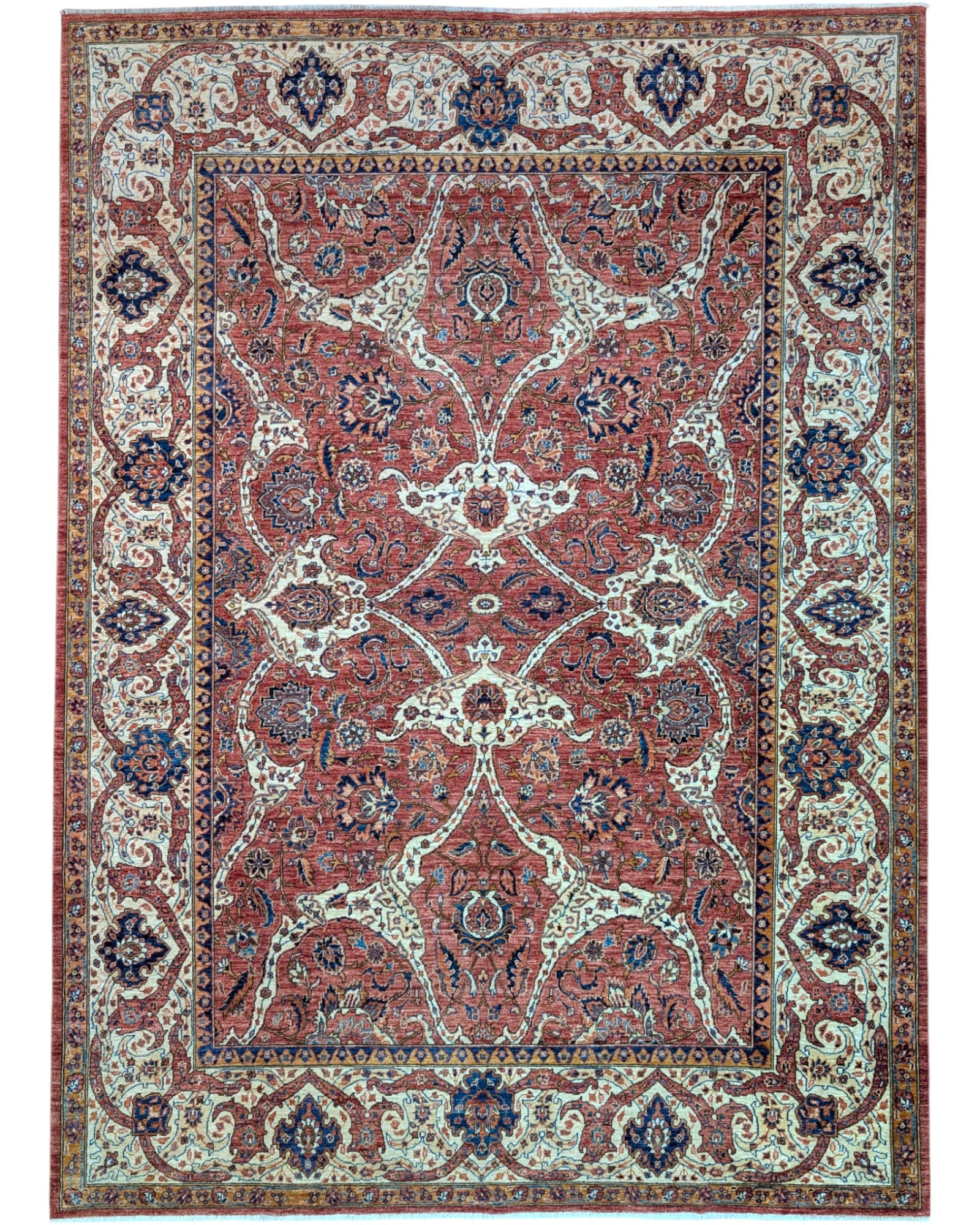 Tappeto Heriz marrone bruciato con cornice beige e motivi decorativi, annodato a mano in Persia con lana e cotone tinti con colori vegetali.