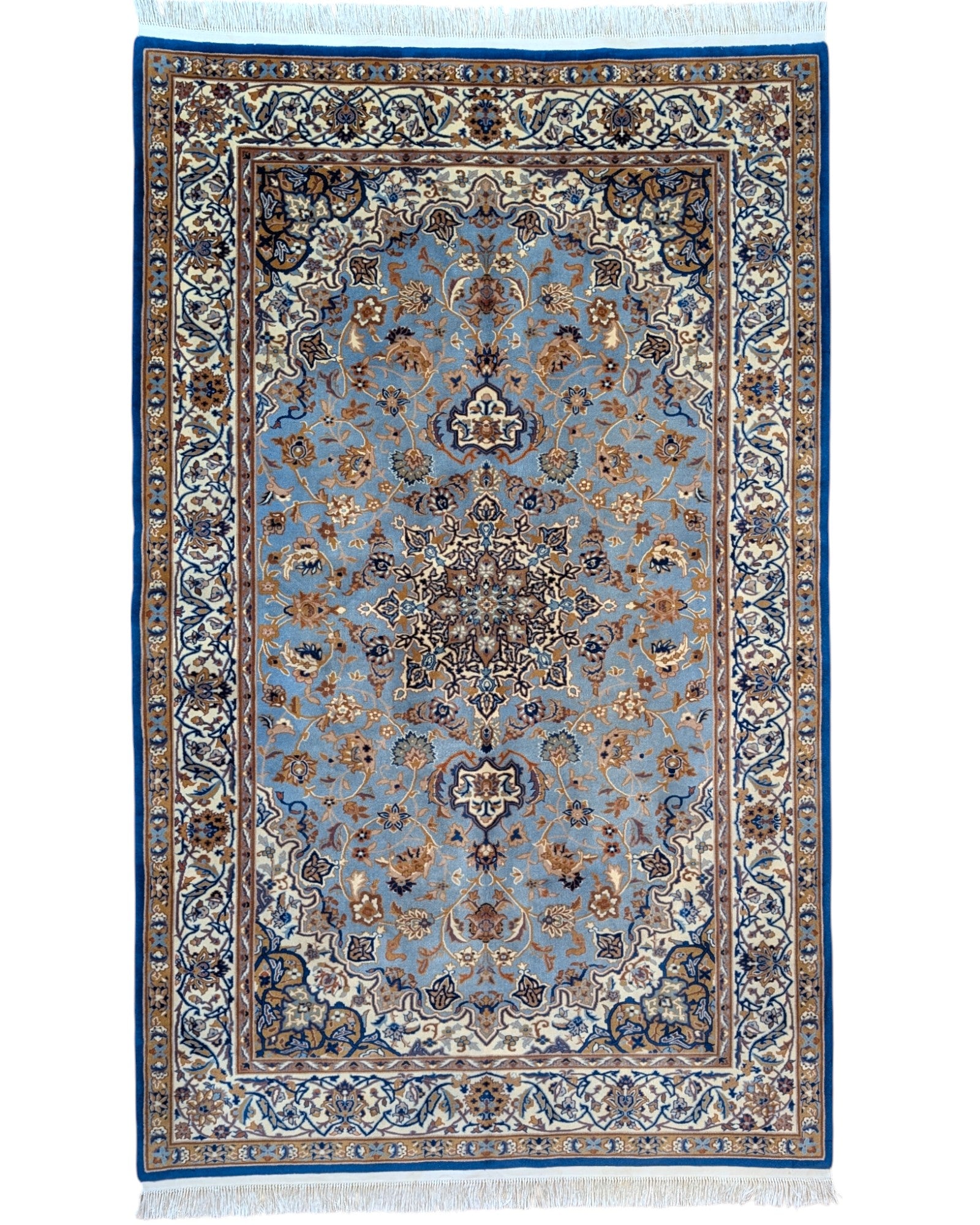 Tappeto Bercana celeste con motivi floreali decorativi, annodato a mano in Cina in lana e cotone tinti con colori vegetali.