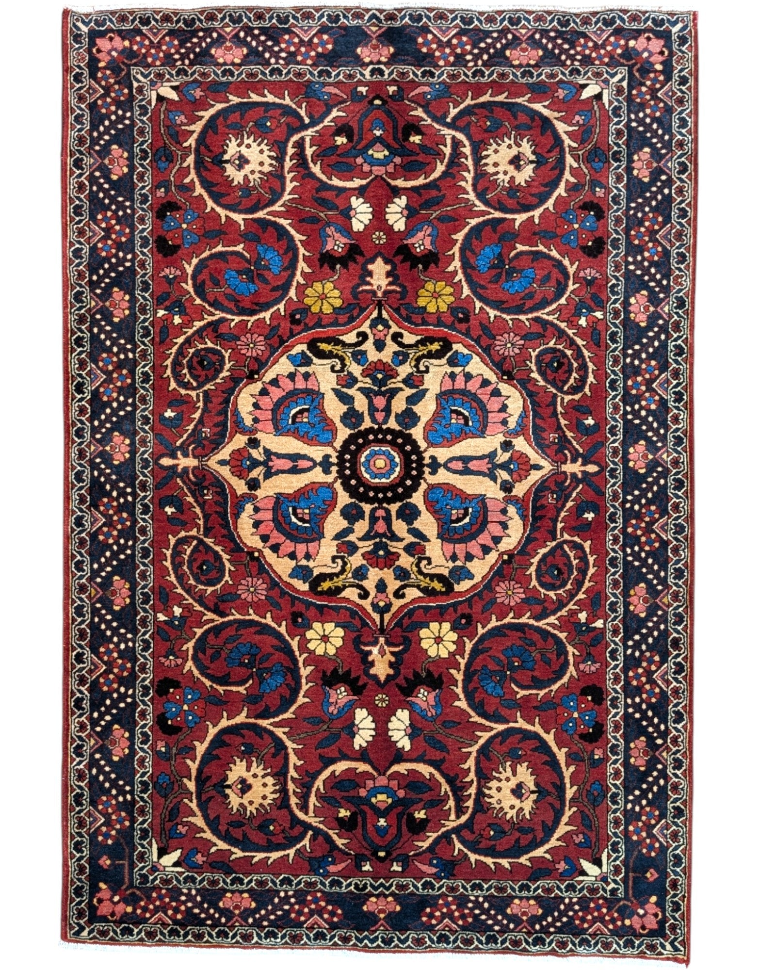 Tappeto Bakhtiyari rosso mattone con cornice blu e motivi decorativi, annodato a mano in Persia in lana e cotone tinti con colori vegetali.