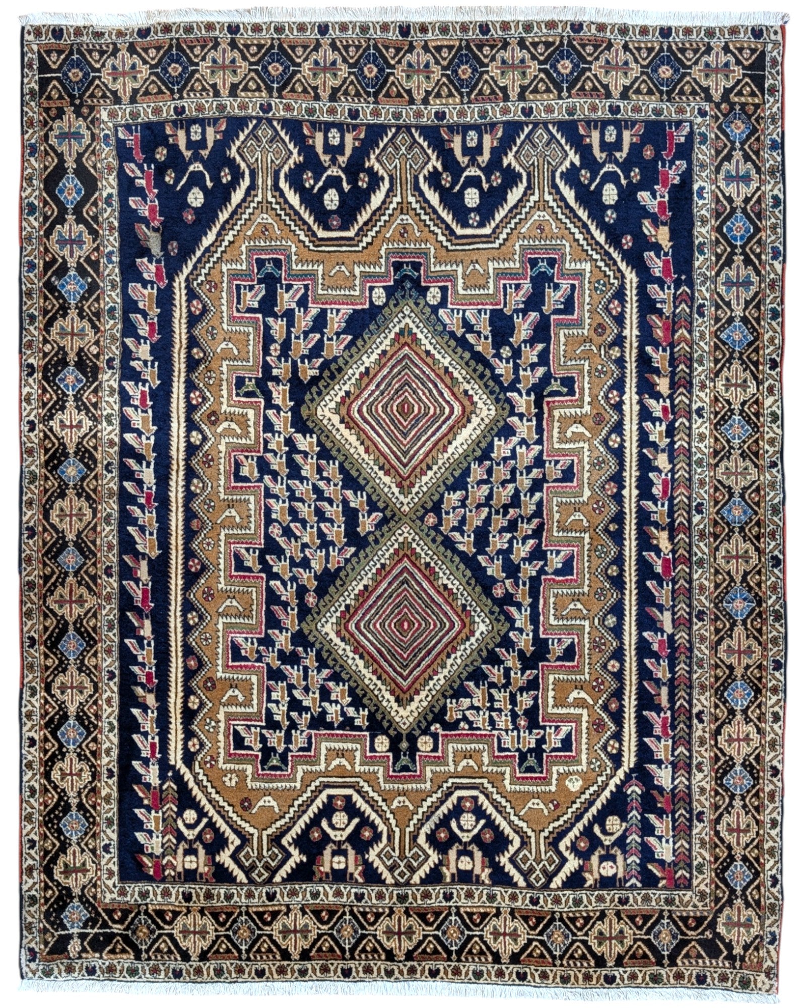 Tappeto Afshar "Castello Antico" in rosa antico e blu con motivi geometrici, annodato a mano in Persia con lana e cotone tinti con colori vegetali.